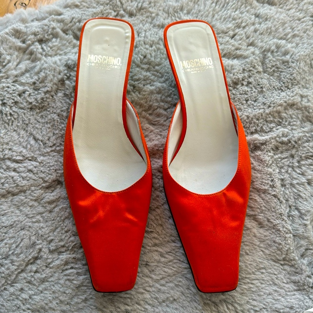 Moschino Cheap & Chic Orange Satin w/ Green Kitten Heel Mules fit like a 7
